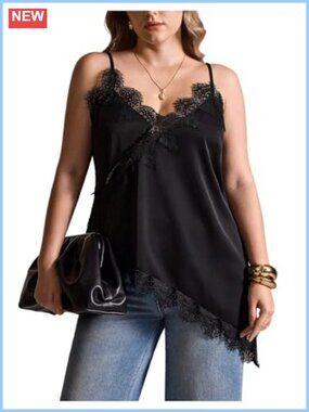 Plus Size Lace Cami Top Spaghetti Strap Sleeveless V Neck Asymmetrical Summer